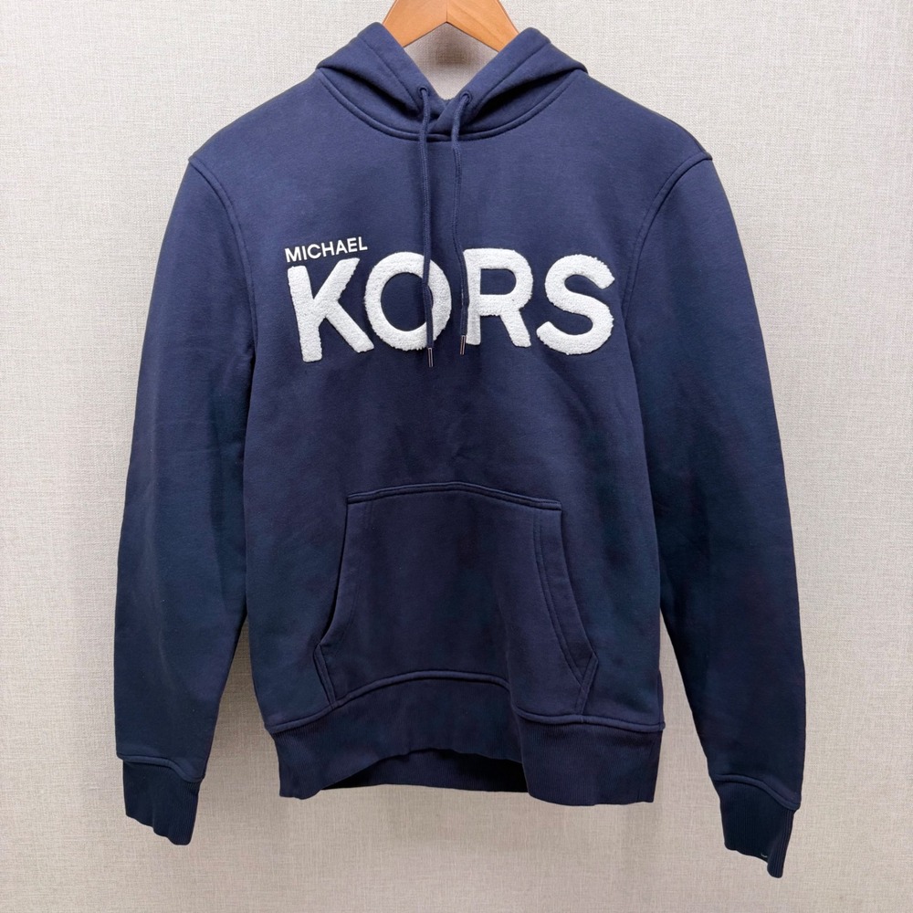 Michael Kors Mens Navy Blue Chenille Logo‎ Pullover Hoodie Size S Small